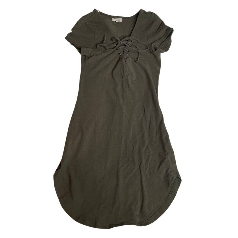 Heart & Hips Womens Olive Green Lace Up V-Neck Short Sleeve T-Shirt Mini Dress S